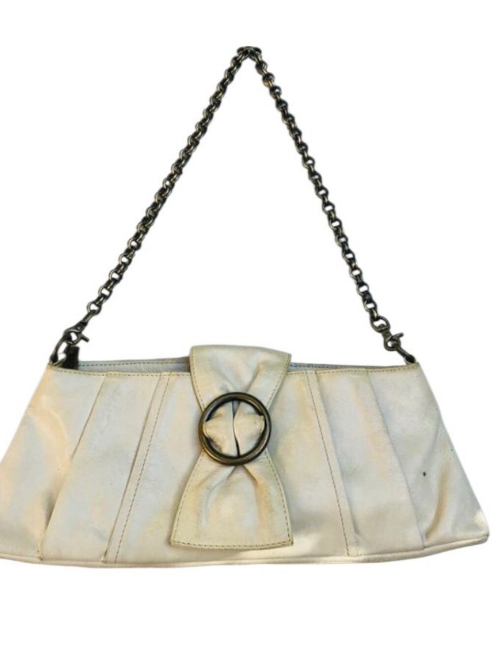 Hobo International Cream Leather Bow Fold-Over Clutch/Purse/Bag Brass Chain GUC